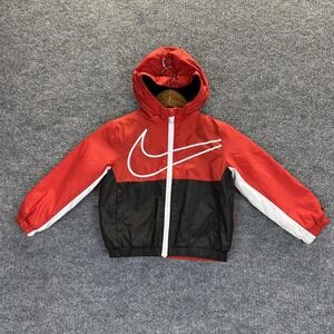 Nike Jacket Boys 2T Red Black Colorblock Fleece Lined Hooded Zip Windbreaker